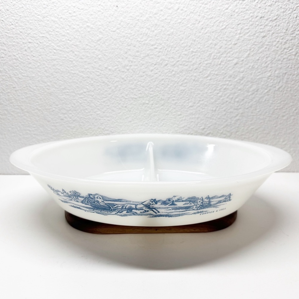 Vintage Glasbake Courier & Ives Milk Glass Divided Split Dish J-2352